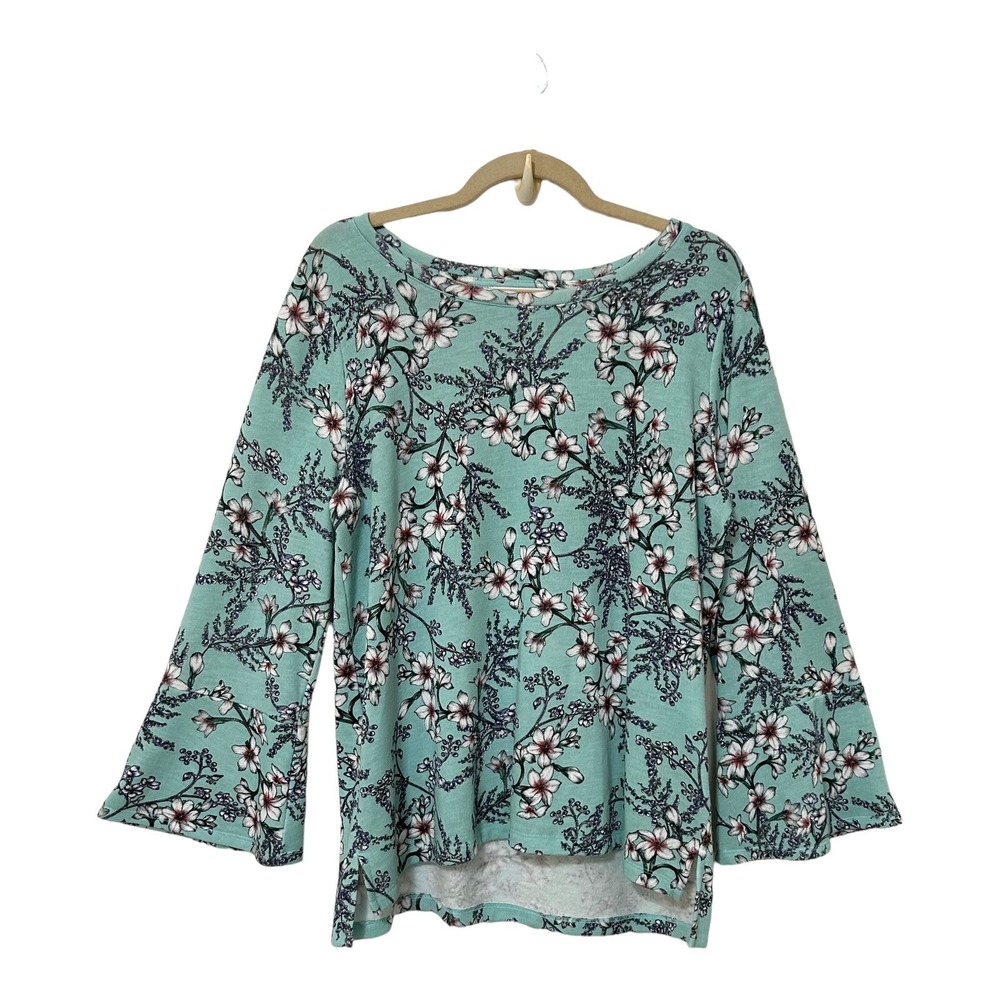 Liz Claiborne Women's Fleece Lined Floral Top XL Multicolor Pullover Bell Sleeve
